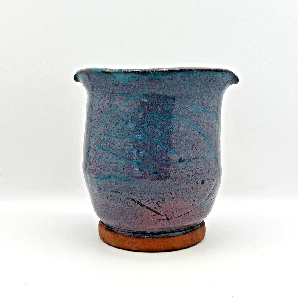 Vintage McGee Studio Pottery Dual Spout Vase Raku Teal Purple Signed